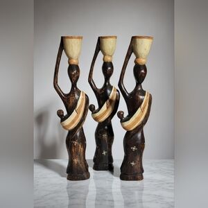 Vintage Indonesian Hand Carved Wooden Sculpture Set of 3 – 22” Tall #GentlyGems